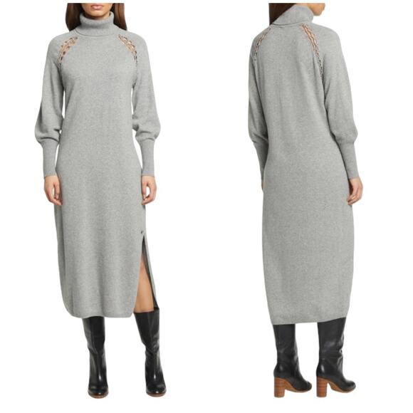 Ted Baker NWOT Malorri Stitch-Insert Knitted Midi Sweater Dress Gray Ted 4 US 10 - Picture 1 of 13